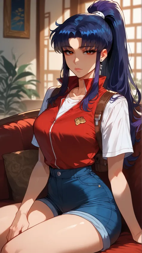 Misato Katsuragi style,  perfect eyes,  perfectly sexy face , ultra detailed,  ultra perfect eyes,  hair tied like a ponytail,  big beautiful woman , sitting, dark blue shorts, Body,  looking at the viewer , 