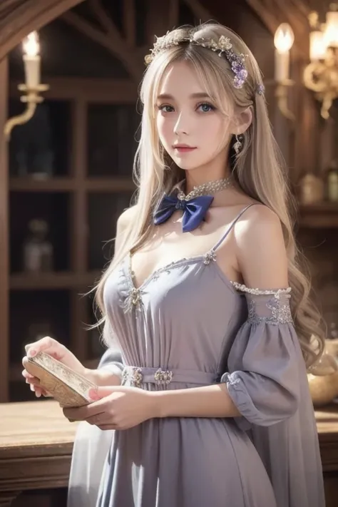  One Girl ,  long hair, Light Hair Color,  enchanting eyes,  Mysterious Expressions , Mature Appearance, Attractive dress,  Relaxed Dress, Graceful Jewels , Intricate decoration, Magic symbols, Glowing Accessories,  potion , Scroll, Cute accent, bow, ribbo...