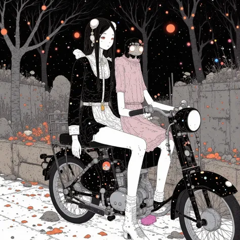   manga digital illustration style    :1.5,   by Griffiz and Vadim Kassin   :1.5 ,   by Griffiz and Vadim Kassin   :1.5 ,    A day with my goth girlfriend riding a black bike with gothic skulls and gothic decorations,  night background ,  Gotham :1.55,   d...