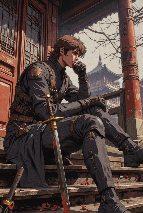 closeup of a slender Russian guy, about twenty years old, with brown hair and brown eyes, in dark grey high-tech military uniform, sits with a sword and smokes a cigarette on the porch of a dark brown Chinese-style temple