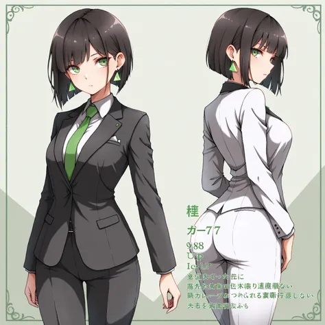 masterpiece, (((( best quality )))),character profilele,shiny skin, wearing a suit,, dark hair, short bob hair,The inside of the hair is green,isosceles triangle earrings, green eyes ,