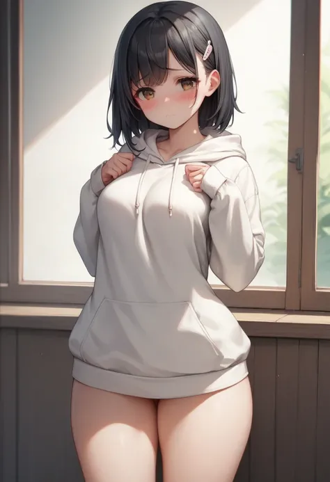 score_9, score_8_up, score_7_up, source_anime, best quality, clear face, 1girl, black hair, brown eyes, medium breasts, perfect body,standing , looking,cute nervous sad, mouth, wearing white short hoodie, cute,blushing,sexy pose,teasing,wide hips,sexy thig...