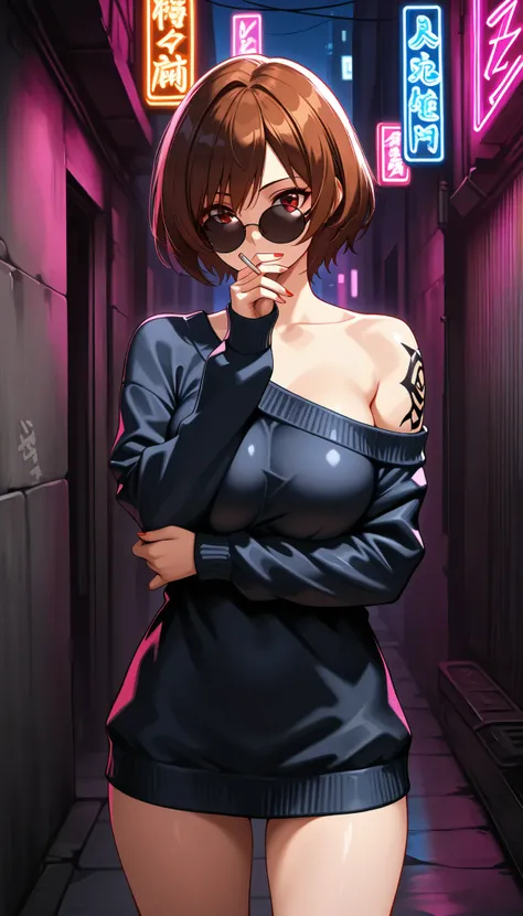  1 girl,Alone,chest, short hair, brown hair, Red Eyes,Round sunglasses ,arm under chest other hand holding cigarettes, raise your arms, standing,  stylish, Shoulder Skin , off the shoulder ,  sexy, dark sweater with comma background,   Long Sleeve  , bike ...