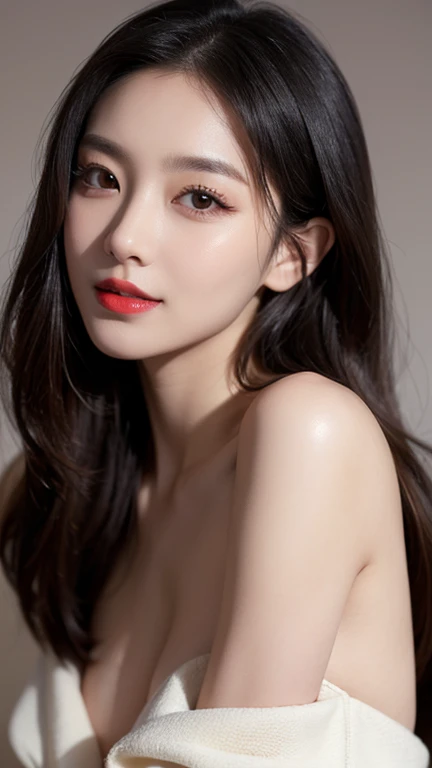 ( surreal ,32K, RAW photo:1.1),( highly detailed skin :1.1),  8k uhd, dslr,  high quality,  film grain, (makeup, Mascara:1.1), Very sharp color correction, Korean beauty in her 20s, Long hair , red lips, off-shoulder, Jewelry,  huge perky boobs,  revealing...