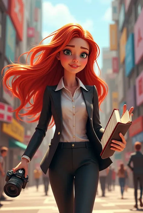 Make an animated red-haired publicist carrying a camera and a diary in her hand 