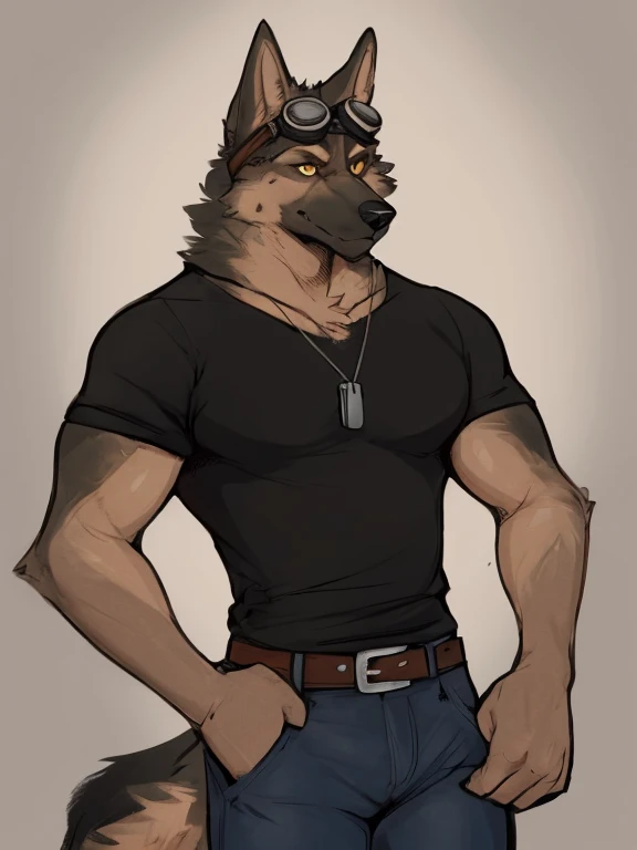 (by zackary911, anime, soft hatching) anthropomorphic, solo, human anatomy, adult, tall, mature, anthro, (muscular, lean, fit body, biceps, pecs), (German Shepard, wolf ears, wolf tail, brown body, yellow eyes, eyebrows), (tight black shirt, tight blue jea...