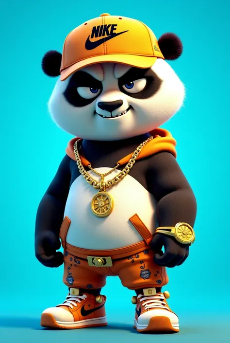 A cartoonKung Fu Panda
 character in modern attire (Nike cap and hoodie), with gold accessories (chains, rings, watch), and tattoos with angry face. The background is blue, and the design is urban and modern."2d
