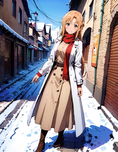 Asuna Yuki , bangs,Alone,  braided, Hair,  brown eyes,single  braided,Medium breast,smile,blush, open their mouths, red scarf,White Down Coat , ( sweater :1.2),( turtleneck:1.2), long skirt ,  boots, standing,snow,whole bodyがイラストに入るように, break looking at vi...