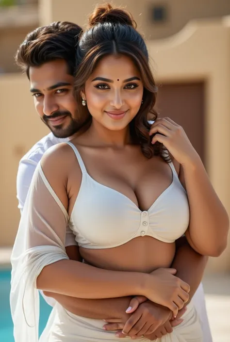 Man hugging voluptuous young indian radiant woman of 21 years covering white beautiful bikini lingerie whith translucent saree.. covering with white transparent translucent saree. Bikini is visible ,wife  hugging husbandLarge breasts, 