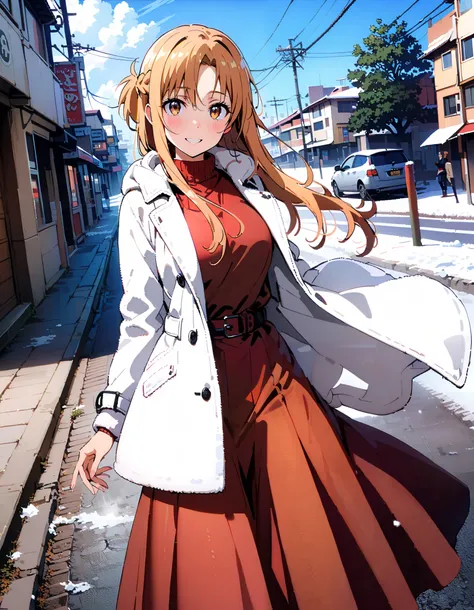 Asuna Yuki , bangs,Alone,  braided, Hair,  brown eyes,single  braided,Medium breast,smile,blush, open their mouths, red scarf,White Down Coat , ( sweater :1.2),( turtleneck:1.2), long skirt ,  boots, standing,snow,whole bodyがイラストに入るように, break looking at vi...
