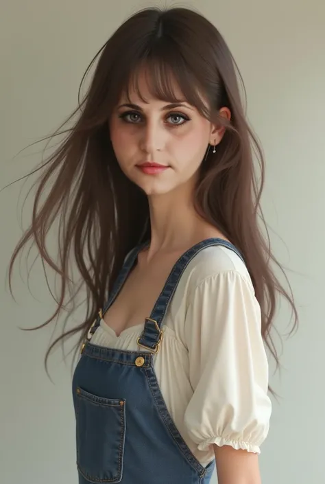  young girl , 20 years,  brown hair,  hairstyle with bangs , small breasts . In a white blouse with a neckline, Denim apron