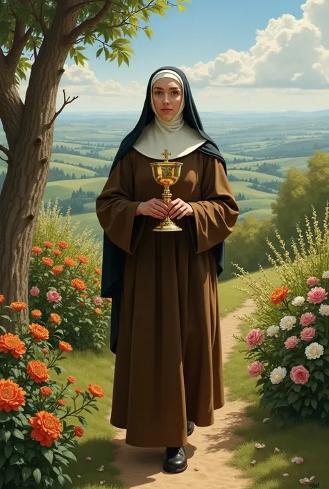 Image of Saint Clare of Assisi holding the monstrance in brown clothes walking in the garden