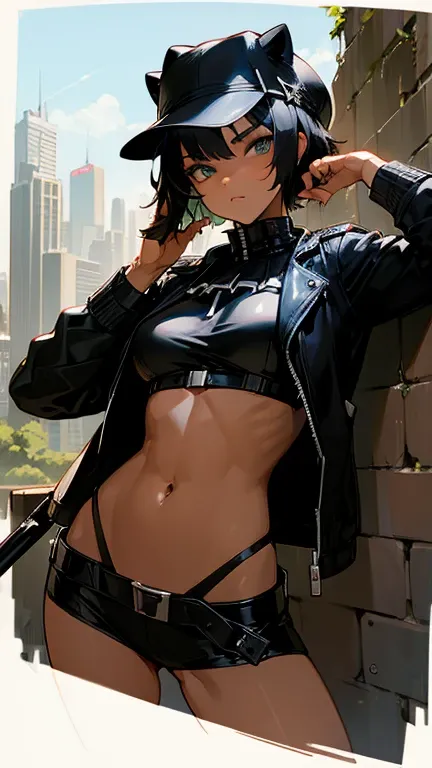     high resolution,   humanized,   Black Panther  ,  Black Panther  耳,  black hair, short hair,(  LEATHER JACKET,uniform,belly button,leather hat  , sunglasses), crouch, sniper ,ruins,wilderness