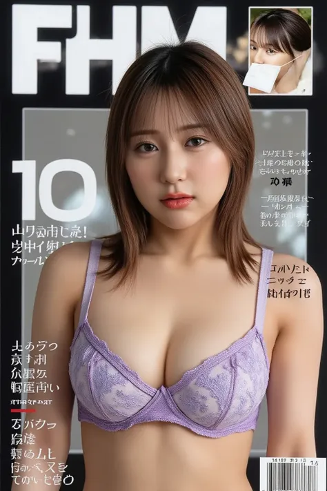 (masterpiece, best quality:1.2), 1girl, solo,This is a digital cover of the Japanese magazine "FHM Magazine" featuring a young, fair-skinned woman with medium-length brown hair and large breasts. She wears a light purple lace bra. The background is dark, m...