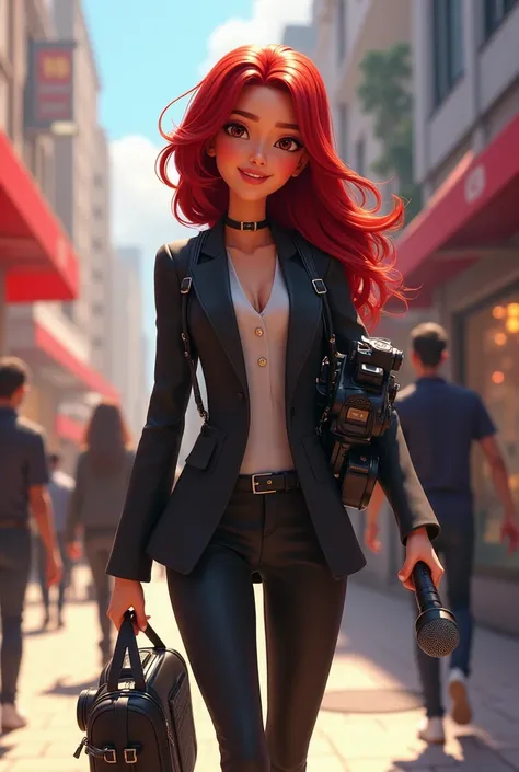 Make an animated publicist with dark red hair with cameras in one sneaking around her neck and microphone in her hand 