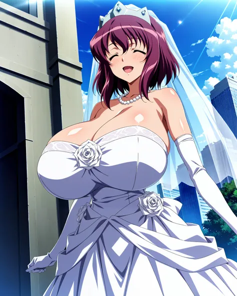 score_9, score_8_up, score_7_up, source_anime, anime coloring, anime screencap, 1 girl, alone, Henrietta de Tristain (zero no tsukaima), dark purple hair, medium hair, closed eyes, happy, white beautiful skin, gigantic breasts, standing, looking at viewer,...