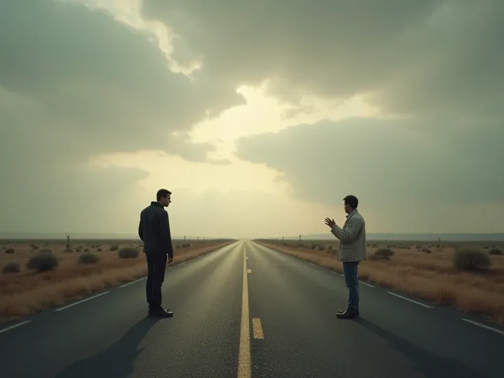  A long and deserted road extends to the horizon under a cloudy sky. In the center of the road,  two people are standing ,  facing each other ,  as if they were having a deep conversation . One of them , dressed in dark clothes,  have an introspective post...