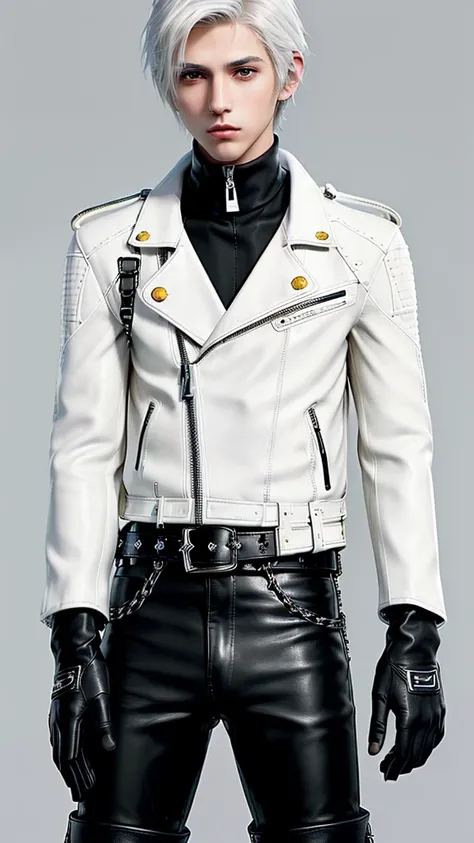 ((Final fantasy taste and reality graphics)), ((Japanese young cute and cool ikemen  boy)), his age is early 20s, thin eyebrows and beady eyes,, (((((boy wearing cream-white color thick leather and single-brest double zipper jacket))))), ,(((((jacket is vo...