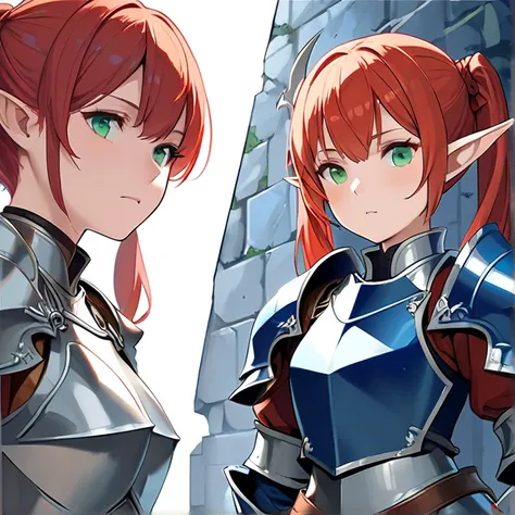 masterpiece, hd, high resolution, high quality, best quality, super detailed. solo character alone, multiple views. fantasy art.
{{(A 18-years-old elf-girl-knight:(appearance: fair-skin. beautiful-green-eyes. red-hair-tied-in-two-high-short-twintails-with ...