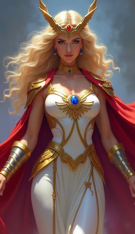 The image depicts a powerful warrior with a majestic presence, wearing an outfit that blends elegance and strength. Her attire consists of a form-fitting white dress with golden details, including a radiant emblem-like design on her chest, with a blue gems...