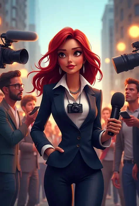 Do an animated publicist with dark red hair with cameras sticking around her neck and microphone in her hand who can be seen to be with the media 