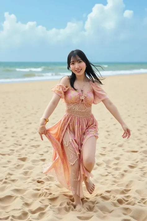 A woman wearing a dress and running on a sandy beach