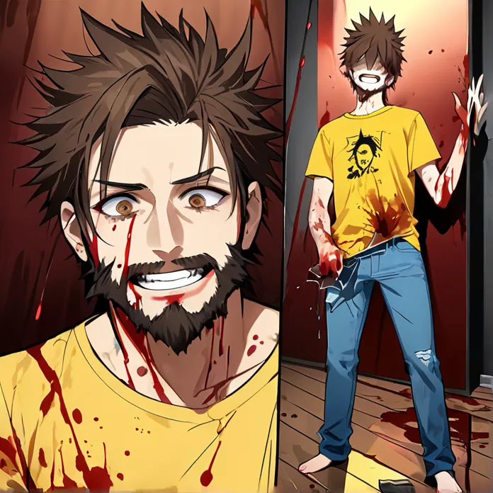 masterpiece, hd, high resolution, high quality, best quality, super detailed. solo character alone, multiple views. horror gore art.
{{(A 34-years-old male-terapist:(apperance: half-fair skin. handsome face dirty in blood. brown-eyes dirty in blood. spiky ...