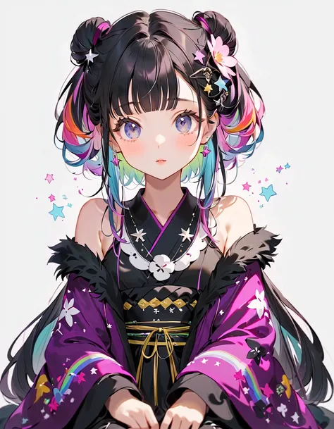  best detail、  in the seat，，Blink， （  the hair color is milky white and the tips of the fur are blue）、  cutest girl in the world   ， Wear a colorful and cute goth kimono costume  ,Shoulders are exposed、 star fairy , Wear a colorful and cute goth kimono cos...