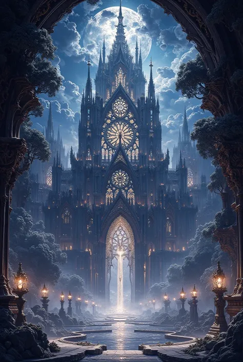 A fantastic image of the front of a mysterious, glittering, and beautiful huge ancient cathedral。 very beautiful stained glass   ,Amazing pond garden 、 very detailed,  Complex Pattern ,  (blue sky) Digital Painting  、 top quality  ,    Award-winning,    hi...