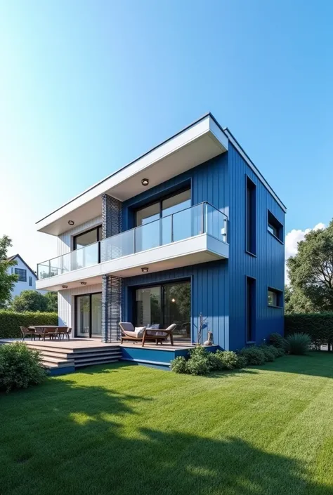 HOUSE WITH MODERN DESIGN ON TWO FLOORS IN BLUE AND WHITE WITH LAWN AND BLUE SKY