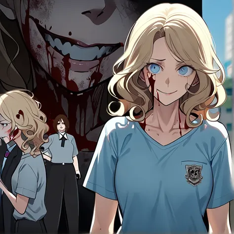 masterpiece, hd, high resolution, high quality, best quality, super detailed. Solo character alone, multiple views. Horror, gore art.
{{(A 46-years-old principal-woman:(appearance: short-curly-dark-brown-blonde-hair. attractive face. slender complexion. fa...