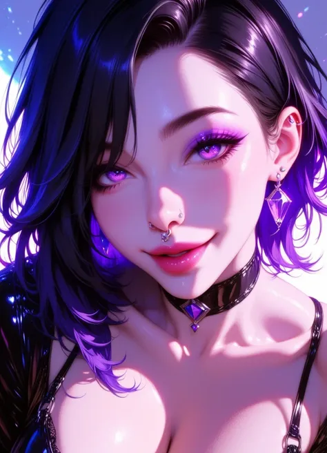 masterpiece,best quality,highres,absurdres, (realistic,photorealistic), BREAK, 1girl, french girl, perfect shadow, looking at viewer, low light, dark, bokeh, black hair, goth, makeup, smile, closed mouth, black lips, nose piercing, duo, 1boy, anthro, wolf,...