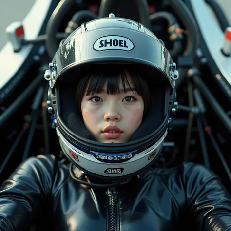 1girl is wearing F1 helmet, (((SHOEI helmet))), (too small narrow face opening area helmet), circuit, ((sitting F1 cockpit)), hard breathing, Japanese girl, cute girl, ((no bangs)), (((racing helmet))), (((fullface helmet:2.0))), (((covered mouth lip))), (...