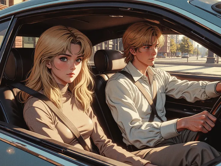  girl, sixteen years old,  with blond long hair and brown eyes, in a turtleneck , rides in a modern car with a blonde Russian guy with light gray eyes in a long-sleeved shirt with a collar,  for about twenty years , in the afternoon