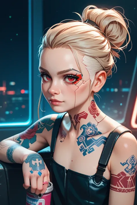 1 loli,  cyberpunk, hair tied on both sides,  red eyes,  blue tattoos, viking, Holding a pistolaTongue out, 