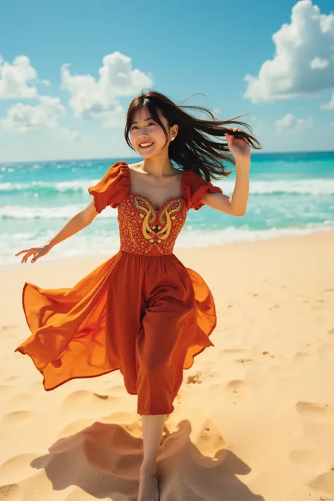 A woman wearing a dress and running on a sandy beach