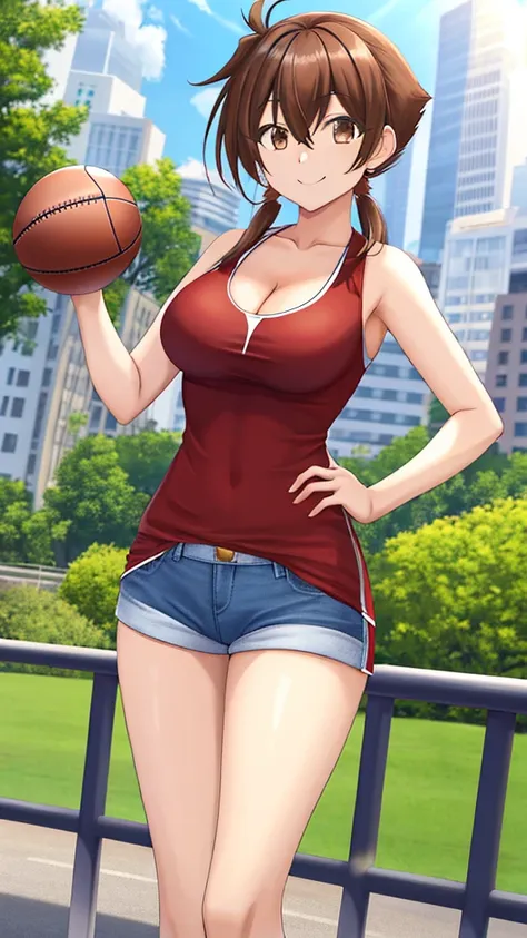 masterpiece, best quality, highres, looking at viewer, girl, solo, issei_hyoudou, brown hair, brown eyes, hair between eyes, sports dress, sleeveless, cleavage, denim shorts, medium breasts, standing, , outdoors, smile