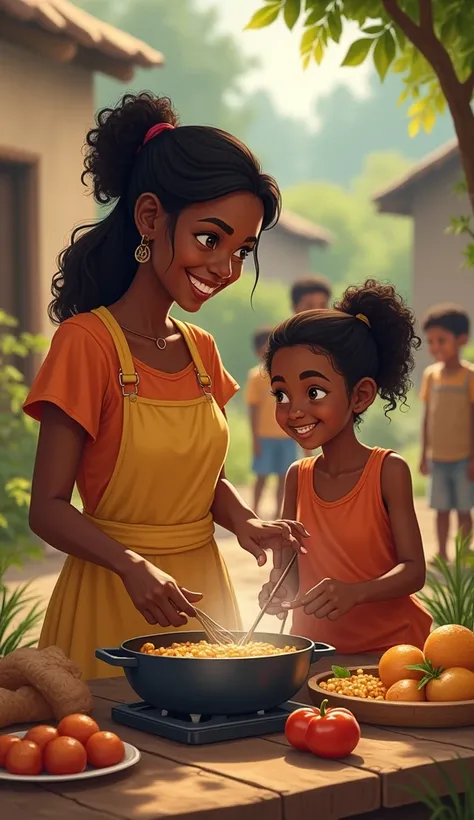 Create a black mother and her smiling daughter cooking while the boys are crushing on the from a far village scene
