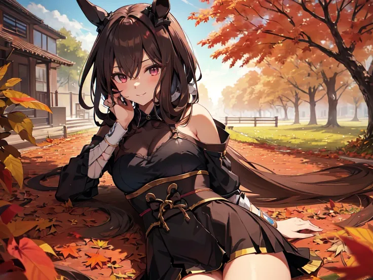 (Solo, 1 girl). (Anatomically correct, UHD, Retina, Masterpiece, Ultra detailed, High detail, Best quality, Award winning, High resolution, 8k). (Focus on breasts). (Big breasted girl with horse ears, makeup). ((Lying on autumn leaves)). (Long black hair)....