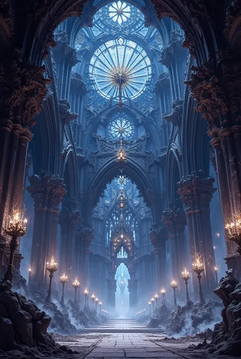 The mysterious, glittering, and beautiful giant ancient cathedral of fantasy is an image of the inside of a devil worship hall with an intricate structure。 very beautiful stained glass   ,Amazing pond garden 、 very detailed,  Complex Pattern ,  (blue sky) ...