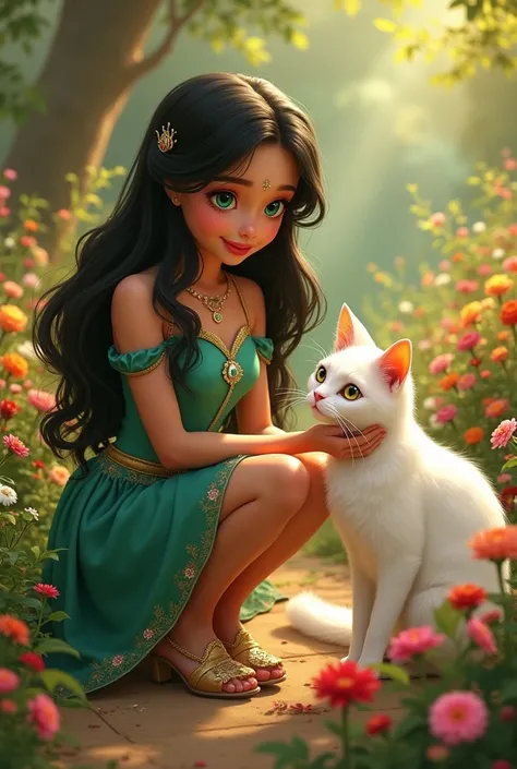 A beautiful young princess with long black hair and emerald-green eyes, kneeling in a royal garden filled with colorful flowers, gently touching a white cat with golden eyes, warm magical atmosphere, high detail, soft golden light.