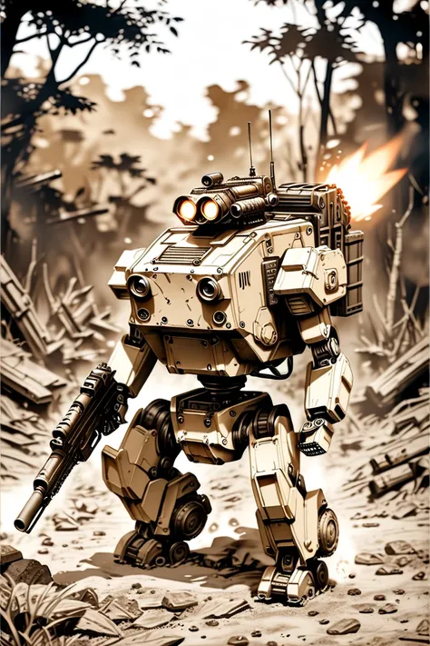 An old dark sepia photograph of a comical and cute robot by Ultra Chibi  、(Saturation:-1.4) .(  super sepia  :1.4), machine gun  burnt gun  、 Sharp lines ,   wearing spherical monocular goggles on the head  、  forest camouflage armor that responds to body ...