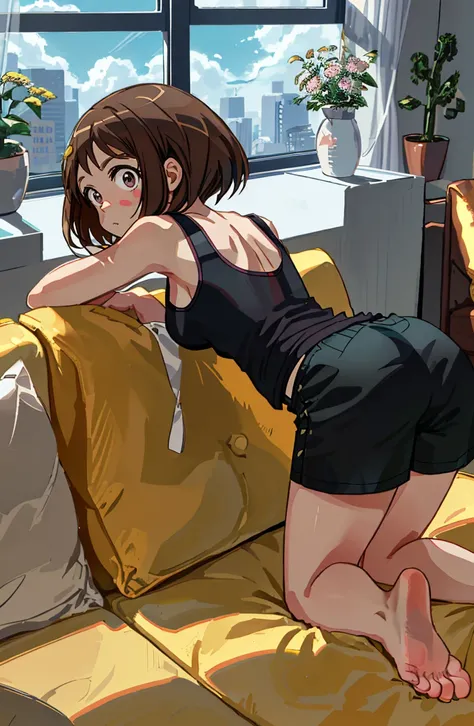 [ochako uraraka; Boku no hero academia], ((masterpiece)), ((solo portrait)), ((back view)), ((cute)), ((feet visible)), ((High definition)), ((anime)), ((Kohei Horikoshi)), ((detailed shading)), ((intricate details)), [ochako; (blushy cheeks, big round bro...