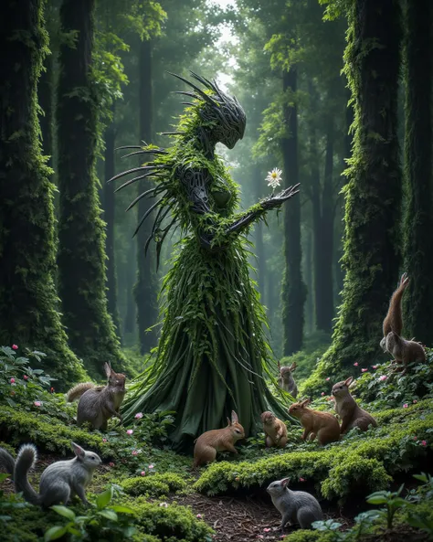 Imagine the grotesque figure in the middle of a lush, green forest, but with a slightly artificial quality, as if it were a theatrical set. Tall, leafy trees, dense foliage, and glistening moss, but with a perfection and symmetry that betrays its artificia...