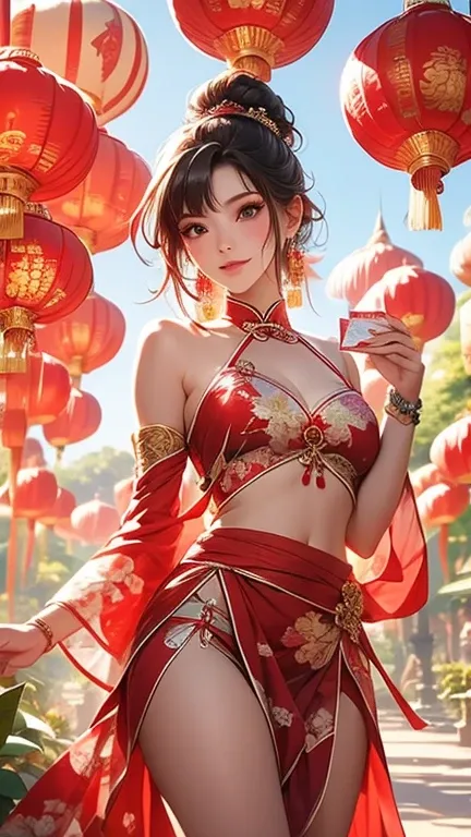 A serene Thai woman stands beneath a lush tree canopy, adorned with vibrant Chinese lanterns and fluttering red envelopes. Her fair skin glows under the soft daylight as she poses in a sensual stance, her high bun decorated with crimson flowers and her sho...