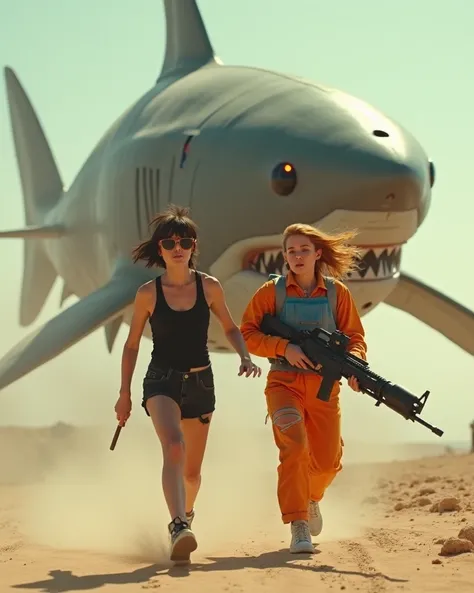 Photorealistic, 8k, wide-angle cinematic shot of two panicked young women in the desert sprinting as fast as they can away from a gigantic mechanical flying shark with laser eyes. Young Woman #1 has her hair cut into a short messy dark brown bob with bangs...