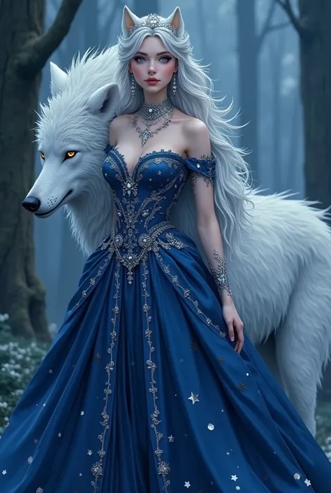 Vampire princess in a blue dress with silver stars and like him in the silver extremely large silver necklace Castle made of glasses with a White Wolf next to the wolf was magnificent she was half human half wolf you could see wolf ears and a completely hu...