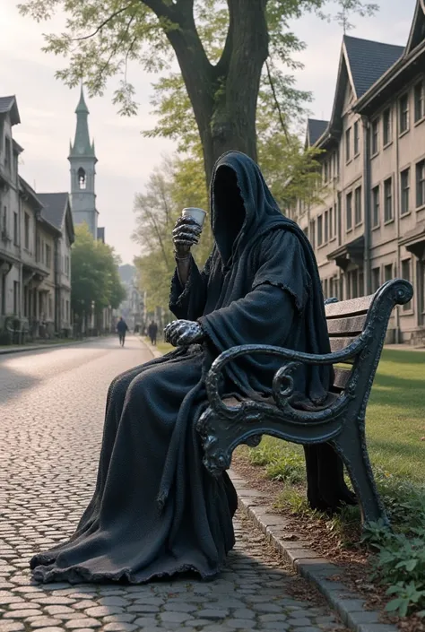  high quality,  8k Ultra HD ,  a beautiful double exposure, Nazgul sits on park bench,  Drinking coffee ,  masterpiece, Background Munich 