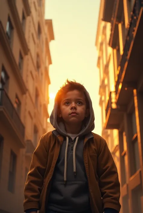  Create me an image from a movie poster , with adventure typography that says Salvador , Let a boy with a hood come out to the center in the middle of buildings during the day and see the sun shining