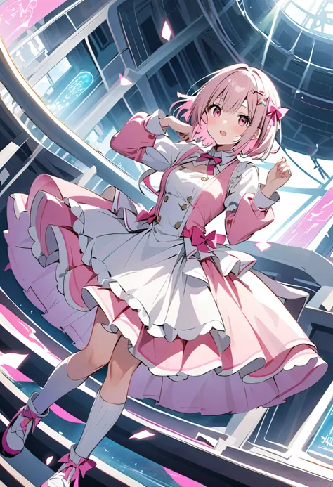  pink costume、 pink dress on the corner、Gray Hair、Gray Hairに毛先はピンク、白の long sleeve dress ロングスカート、  pink ribbon がついた knee high socks、  pink ribbon 、  idol costume 、White medium hair with pink tips 、Pink hair with pink tips、 long sleeve dress 、Beautiful Absol...